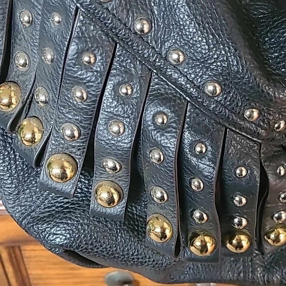 B Makowsky Black Leather Studded Fringed Hobo Bag